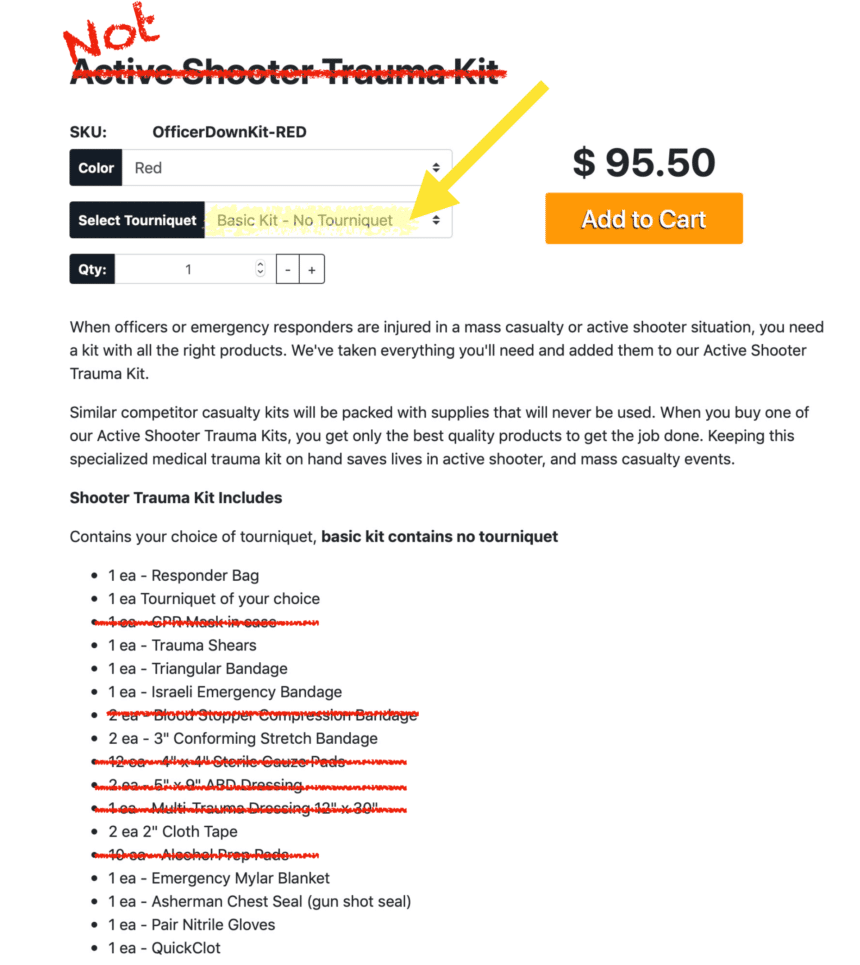 A packing list from a common active shooter bag, with the useless items crossed out, highlighting the bag is available with no tourniquets.