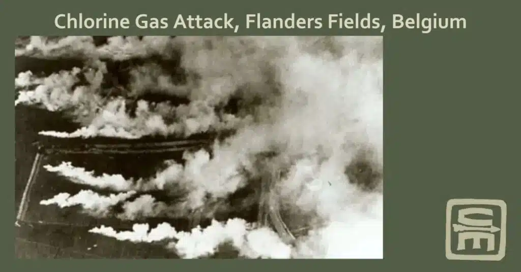 An arial shot showing Flanders Field in Belgium, coverd with gas canisters pluming chlorine gas