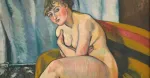 A painting by Suzanne Valadon, showing a woman sitting on a sofa with her arms crossed over her breasts