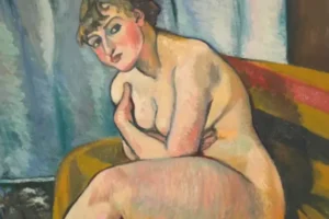 A painting by Suzanne Valadon, showing a woman sitting on a sofa with her arms crossed over her breasts