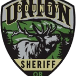 Union County Oregon SHeriff's patch with a moose in the center surrounded by a green mountain and fir trees