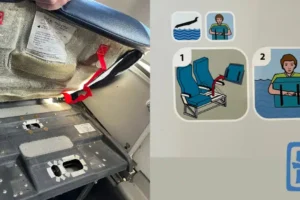 A photo showing the underside of a commercial airline seat with red retaining strap and the safety card diagram of its use