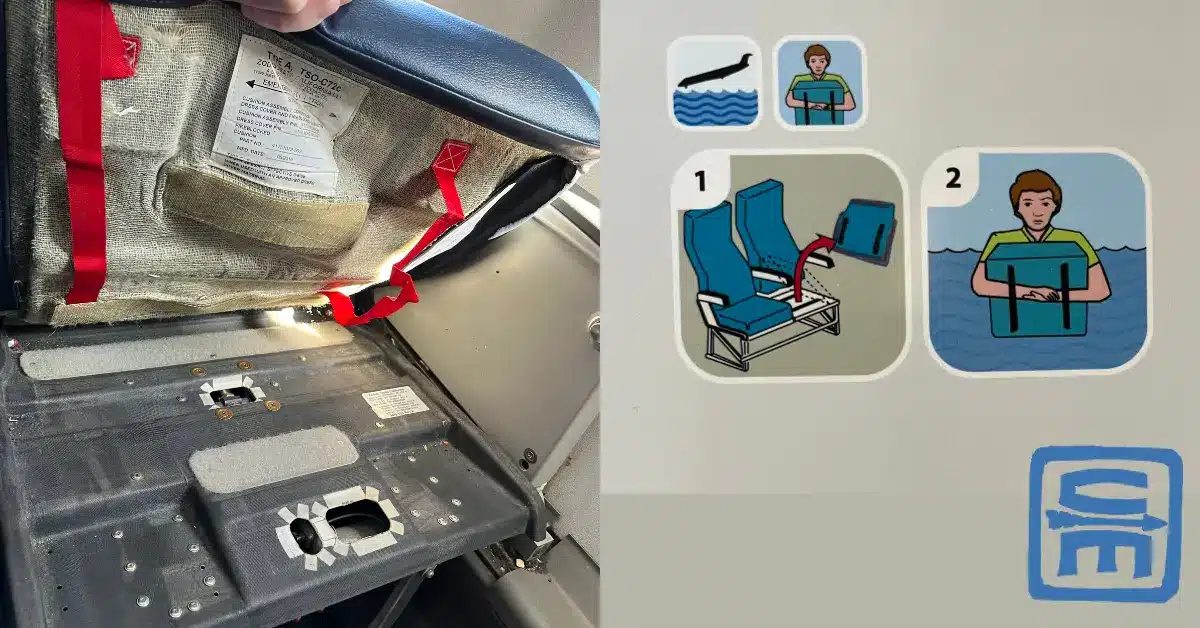 A photo showing the underside of a commercial airline seat with red retaining strap and the safety card diagram of its use