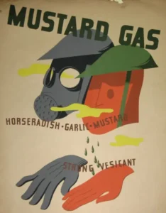 Two cartooned heads of soldiers, one wearing a gas mask, the other no, warning of the dangers of mustard gas