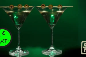 Two ominous looking martini glasses sit with an absinthe green background and a Mr. Yuk sticker